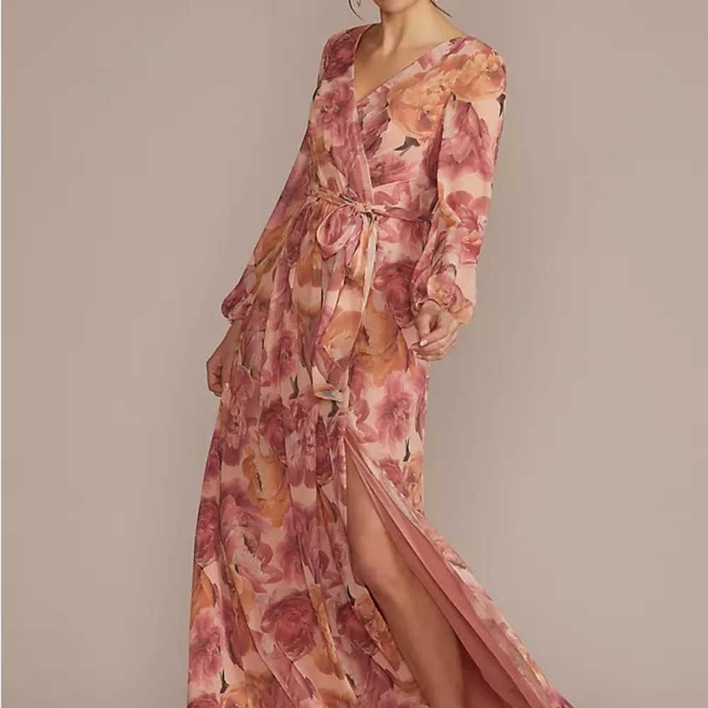 Long Sleeve Floral Chiffon Maxi Dress with Slit